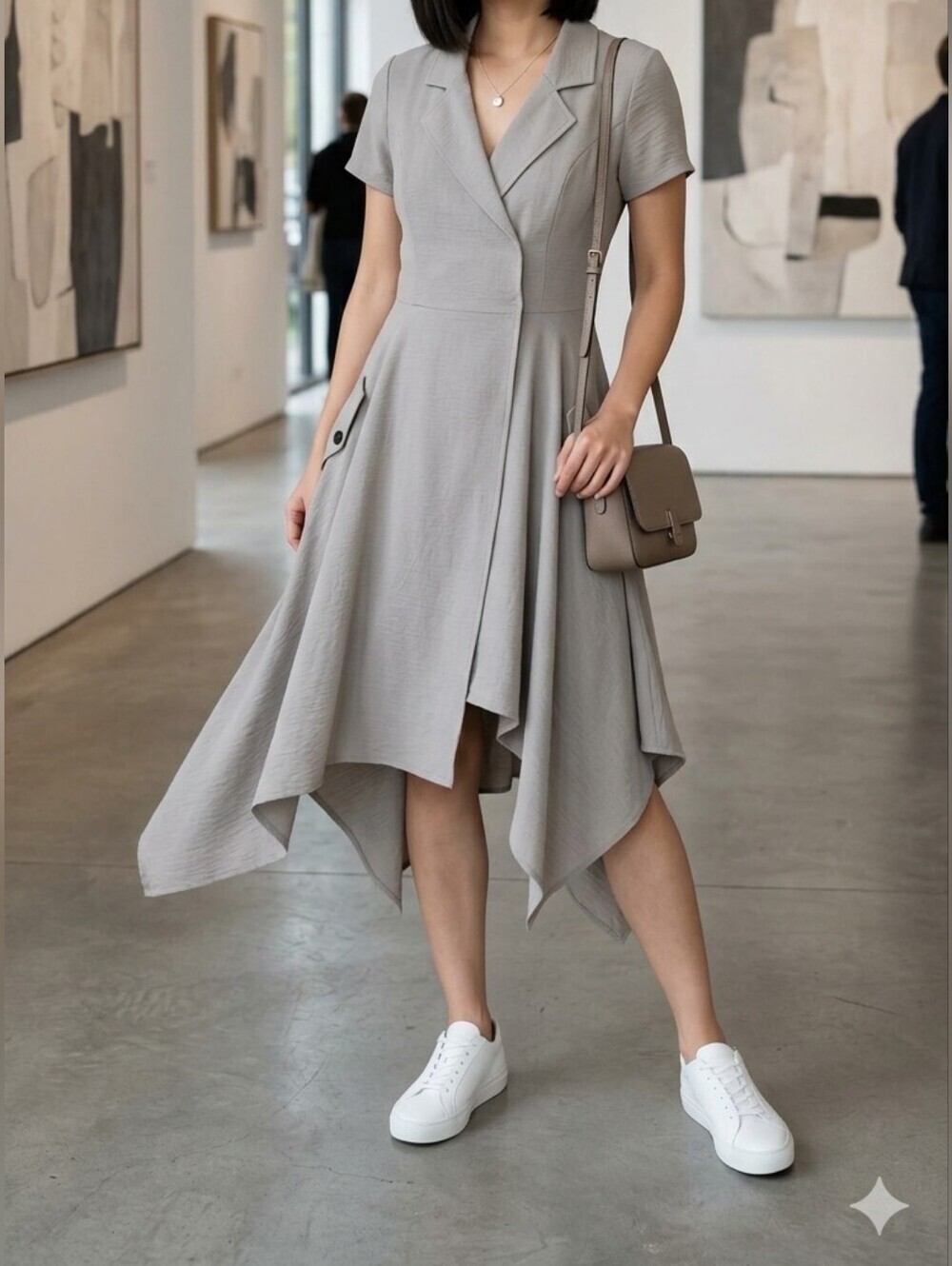 NWT J.O.A. Asymmetrical Notch-Collar Dress in Light Gray